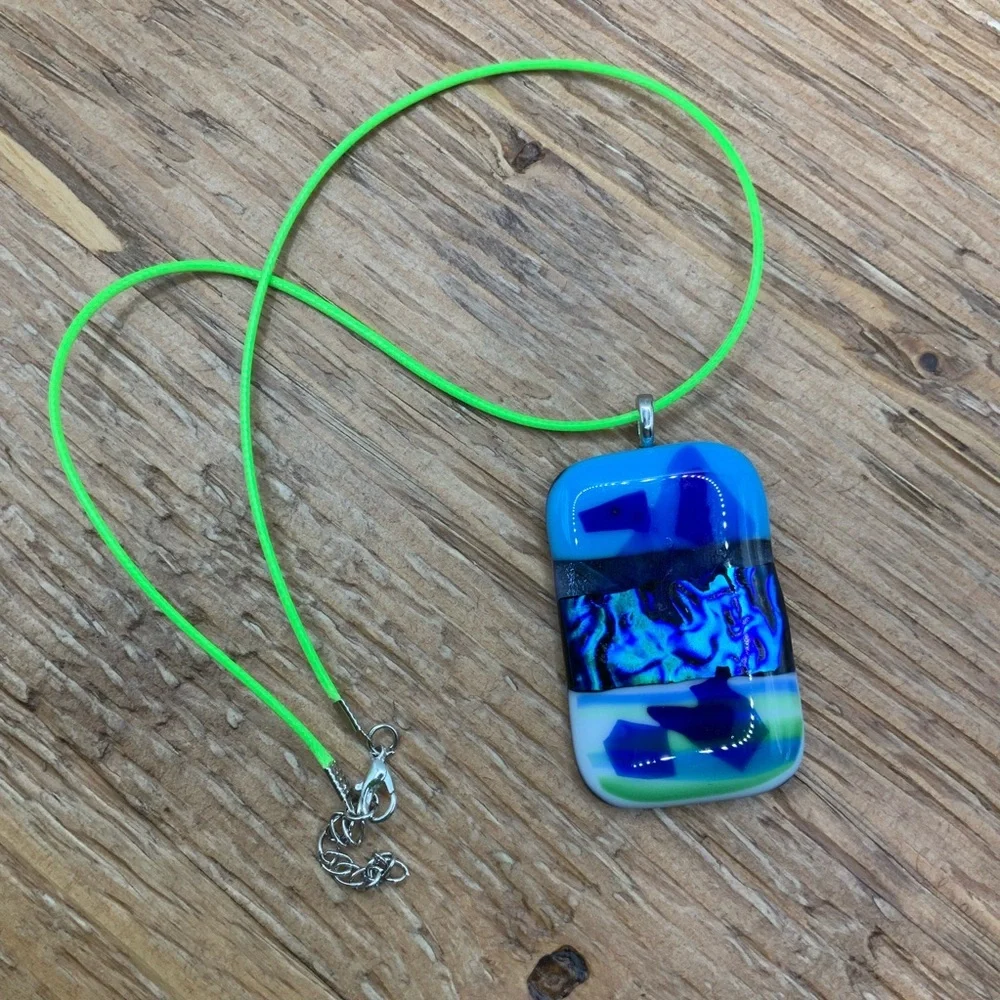 Murano Style Blue Fused Dichromic Glass Pendant Cord Necklace